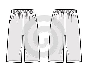 Bermuda Pocket Short technical fashion illustration with elastic low waist, rise, Relaxed fit, knee length. Flat bottom