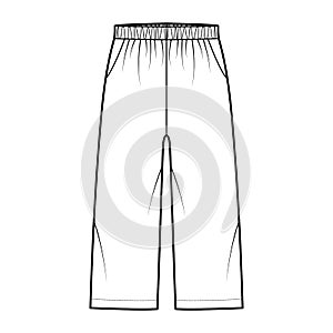 Bermuda shorts Activewear technical fashion illustration with low waist, rise, pockets, Relaxed fit, calf length. Flat