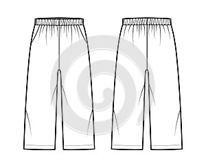 Bermuda shorts Activewear technical fashion illustration with low waist, rise, pockets, Relaxed fit, calf length. Flat