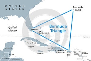 The Bermuda Triangle or also Devils Triangle, gray political map