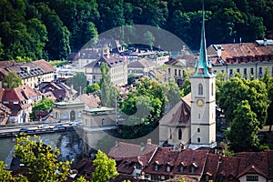 Bern cityscape. Swiss capital city. Nydeggkirche (Nydegg Church).