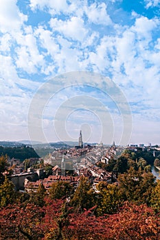 Bern old town Evangelical church view from Rosengarten park