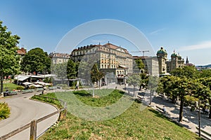 Bern, Switzerland - July 26, 2019: Federal government office and west wing of the Federal Palace of Switzerland. Swiss capital