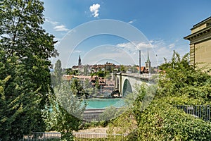 Bern, Switzerland - July 26, 2019: Panoramic view of the squares, streets and buildings of historical part of Swiss capital