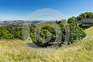 Bern, Switzerland - July 30, 2019: Aerial view of the swiss Capital from the top of Gurten Mountain Park. Pleasant sunny summer