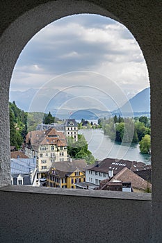 Bern Switzerland township through an archway