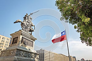 Bernando O`Higgins General Statue at Bulnes Square and Bicentenario Chilean flag - Santiago, Chile photo