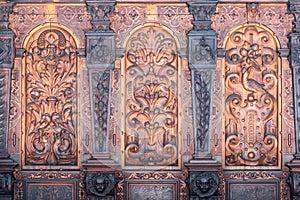 Bernardine church interior. Sacristy. Closeup of  Wood Carvings