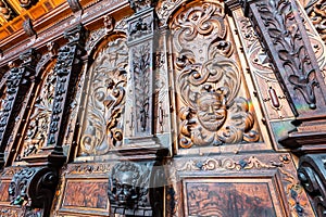 Bernardine church interior. Sacristy. Closeup of  Wood Carvings