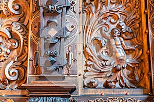 Bernardine church interior. Sacristy. Closeup of  Wood Carvings