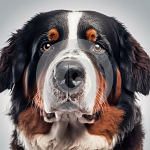 Bernese mountain dog studio portrait as domestic herder pet in ravishing detail.