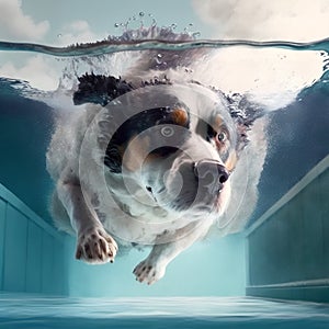 Bernese Mountain Dog swim Underwater in swimming pool - jumping, diving deep down. Ai generated image