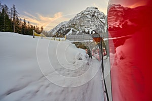 The Bernina Express Red Train through the Alps