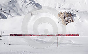 Bernina red train in snowy landscape