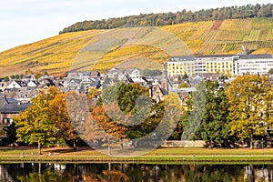 Bernkastel-Kues and the river Moselle in autumn with multi colored trees