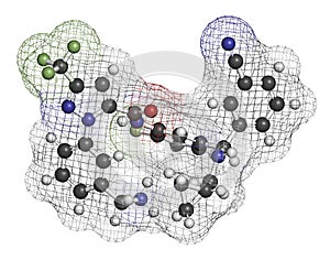 Berotralstat hereditary angioedema drug molecule. 3D rendering. Atoms are represented as spheres with conventional color coding: photo