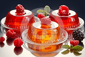 Berries adorn red and orange jelly desserts on clear plates