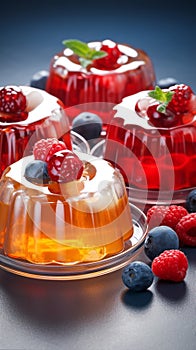 Berries adorn red and orange jelly desserts on clear plates