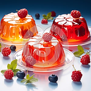 Berries adorn red and orange jelly desserts on clear plates