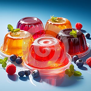 Berries adorn red and orange jelly desserts on clear plates