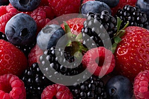 Berries background. Assorted mix of strawberry, blueberry, raspberry, blackberry. Top view. Macro. Full depth of focus