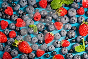 Berries Background. Strawberries, Blueberry, Raspberries, and Blackberry.