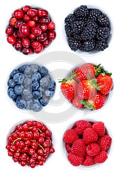 Berries berry fruits collection collage set from above bowl isolated on white