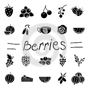 Berries black icon set isolated on gray background with soft shadow