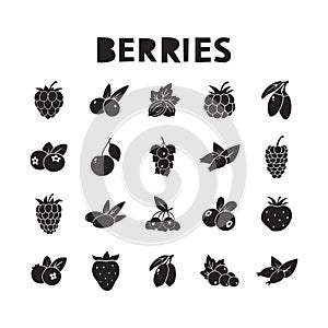 Berries, black silhouette icons set. Vector illustration of strawberry, cherry, raspberry, blueberry, blackberry