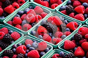 Berries in a box - raspberries, blueberries, blackberries, Farmers Market Berries Assortment Closeup. Strawberries, Blueberries,
