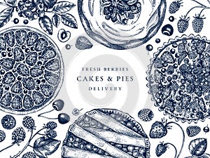 Berries cakes and pies cooking process banner. Hand drawn baking cakes, pies and fresh berries design. Homemade summer dessert