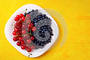 berries of cherries and blueberries on a plate, summer seasonal berries, on a yellow wooden background