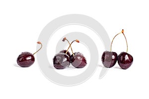 Berries of cherry in water drops on a white background isolated close up macro