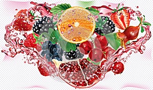 Berries and citrus mix into of splashes of juices in triangular composition