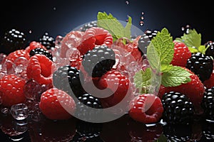 Berries closeup colorful assorted mix of strawberry, blueberry, raspberry and sweet cherry on dark background