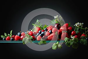 Berries closeup colorful assorted mix of strawberry, blueberry, raspberry and sweet cherry on a glass table