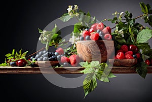 Berries closeup colorful assorted mix of strawberry, blueberry, raspberry and sweet cherry on a old wooden table