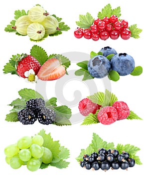Berries collection strawberries blueberries grapes berry fruits fruit isolated on white
