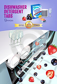 Berries fragrance dishwasher detergent tabs ads. Vector realistic Illustration with dishwasher in kitchen counter and detergent pa