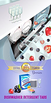 Berries fragrance dishwasher detergent tabs ads. Vector realistic Illustration with dishwasher in kitchen counter and detergent pa