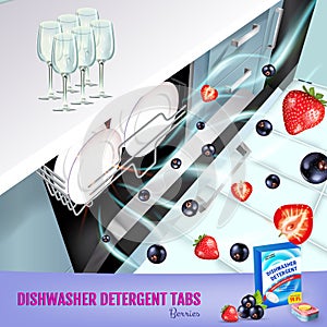 Berries fragrance dishwasher detergent tabs ads. Vector realistic Illustration with dishwasher in kitchen counter and detergent pa