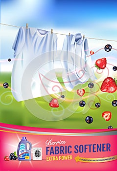 Berries fragrance fabric softener gel ads. Vector realistic Illustration with laundry clothes and softener rinse container. Vertic