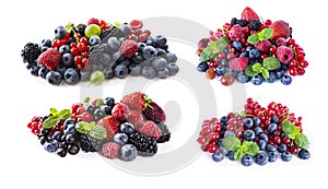 Berries and fruits isolated on white background. Ripe blueberries, blackberries, blackcurrants, raspberries, gooseberries, strawbe