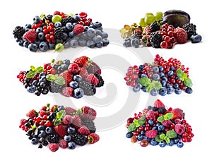 Berries and fruits isolated on white background. Ripe blueberries, blackberries, blackcurrants, raspberries, gooseberries