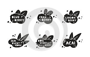 Berries, grunge stickers set. Blueberry, cranberry, lingonberry, acai, sea buckthorn, bog whortleberry. Black texture silhouette