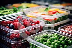 Berries and healthy vegetables are prepared in containers for freezing in the home refrigerator
