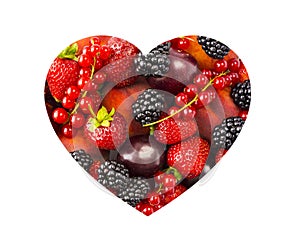 Berries in heart shape isolated on a white. Heart shape assorted berries and fruits on white background. Mixed berries with copy s