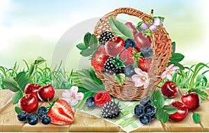 Berries mix in basket on a wooden surface