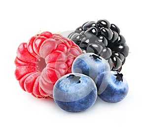 Berries mix isolated - blueberry, raspberry and blackberry on white background