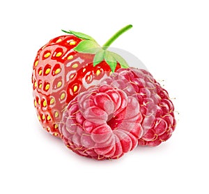Berries mix isolated - strawberry and raspberry on white background